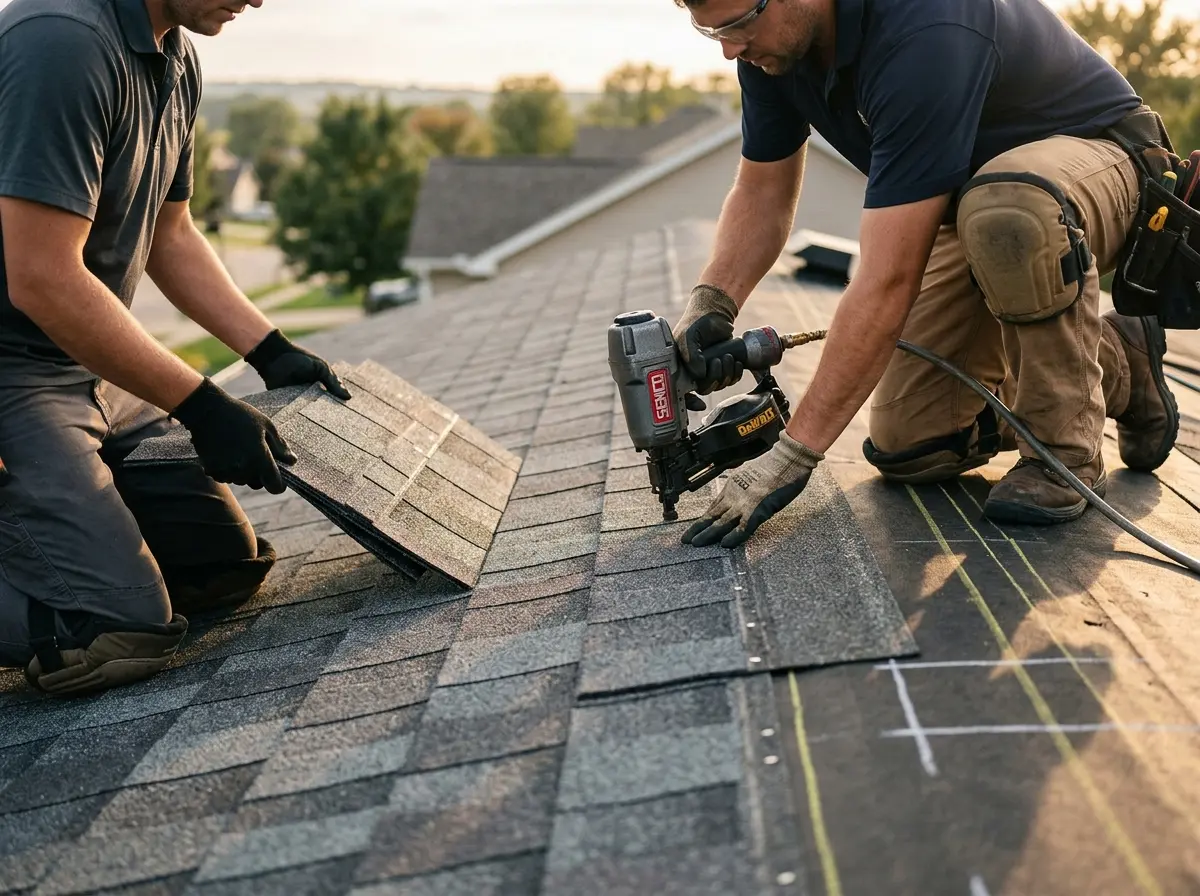 Professional roofer working on a residential roof in Seguin